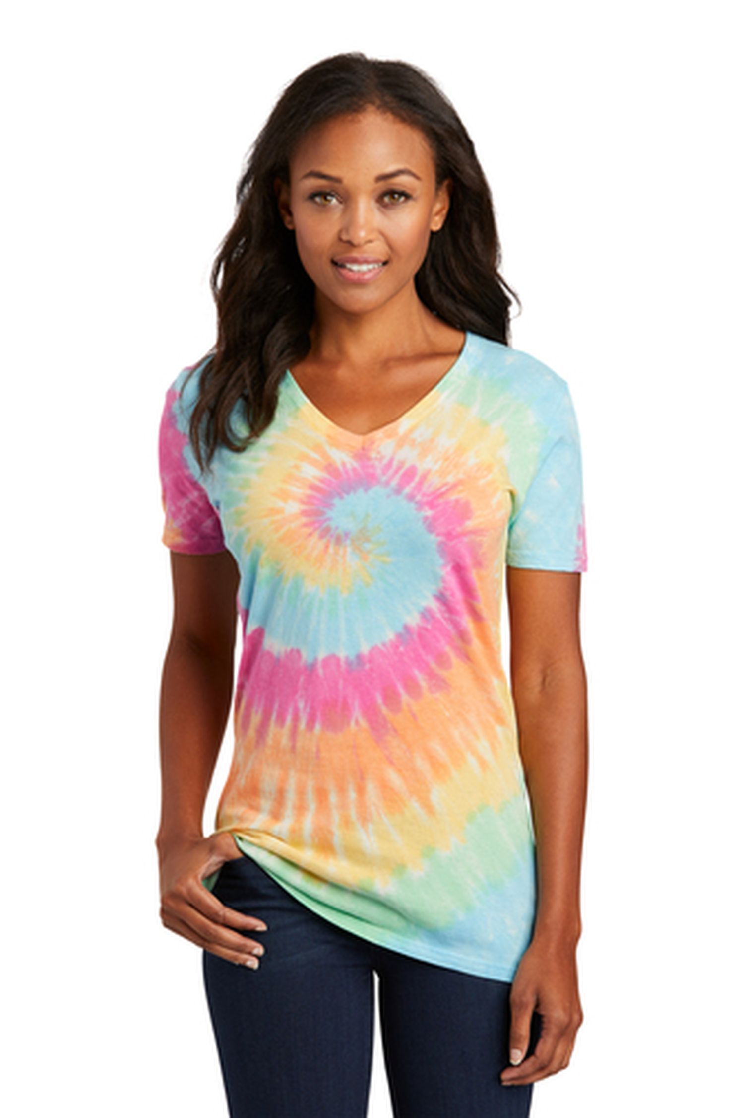 Port & Company Ladies 5.4-Ounce 100% Cotton Tie-Dye V-Neck Short Sleeve T-Shirt